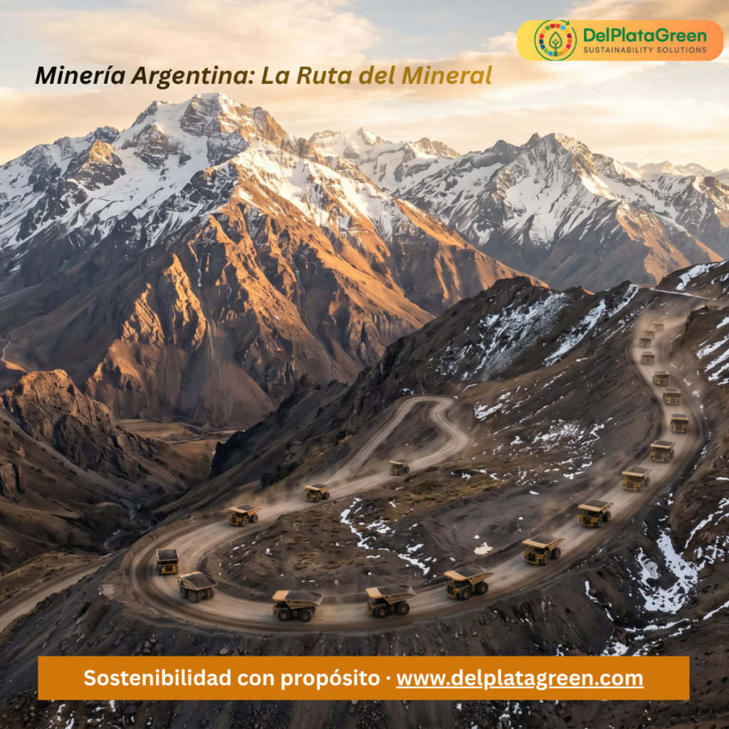Imagen de una mina en Argentina con camiones extractores