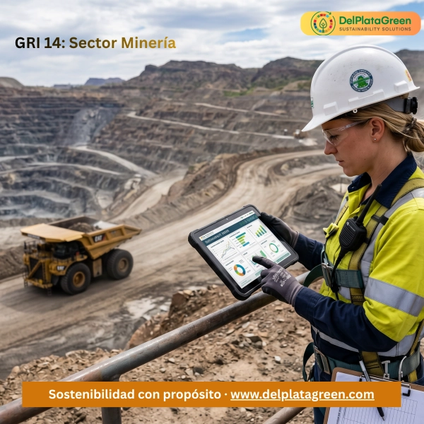 Ingeniera analiza reporte GRI 14, en el marco de un trabajo de reporte de sostenibilidad de la actividad minera