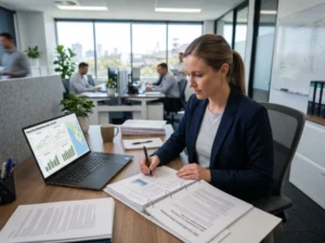 Oficinista trabajando sobre medición ambiental y reporte de sostenibilidad en oficina de consultora en sostenibilidad