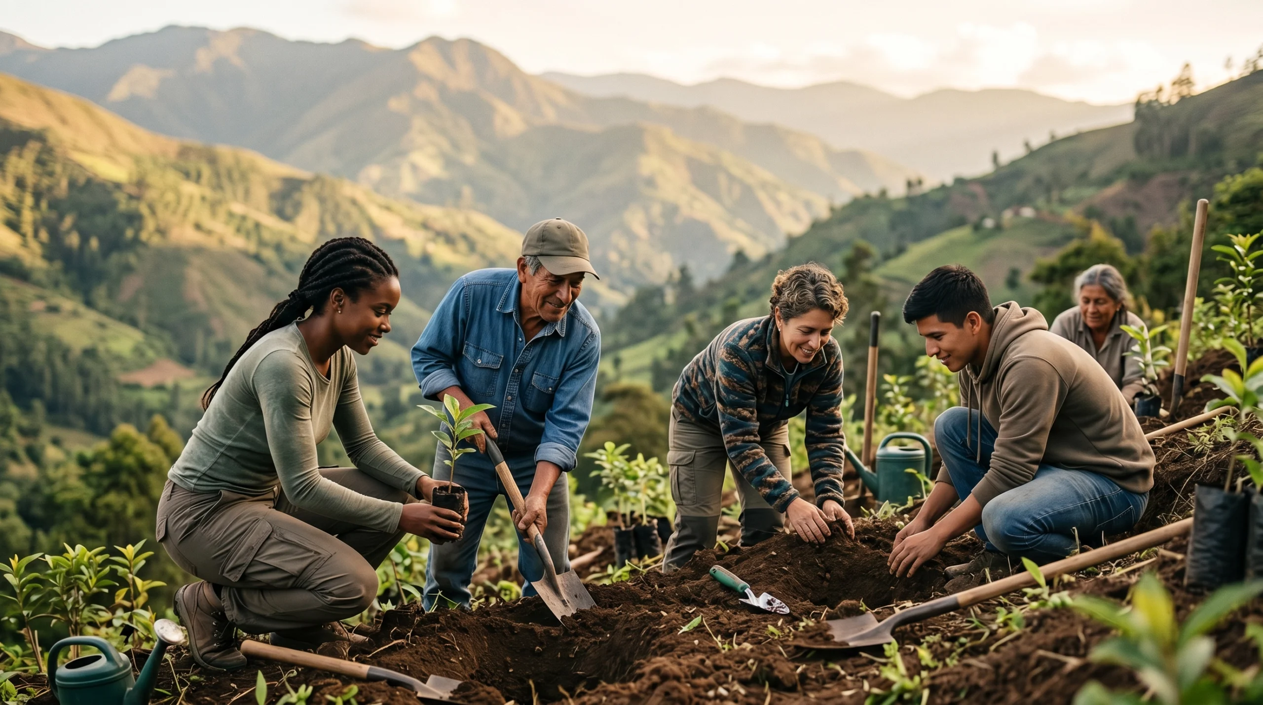 Grupo de personas trabajan en la regeneración de un terreno.