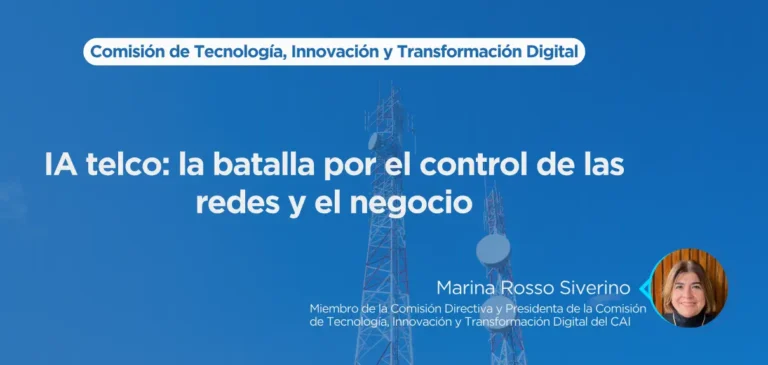 Portada de presentación de la nota ”IA telco: la batalla por el control de las redes y el negocio”, con antena de telecomunicaciones de fondo.
